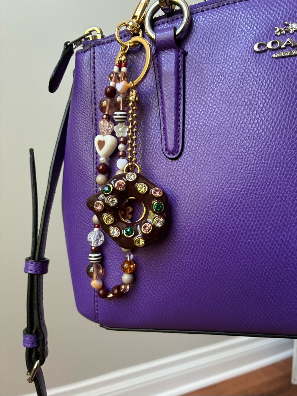 Donut Gem And Beaded Heart Wristlet  Keychain Bag Charm
